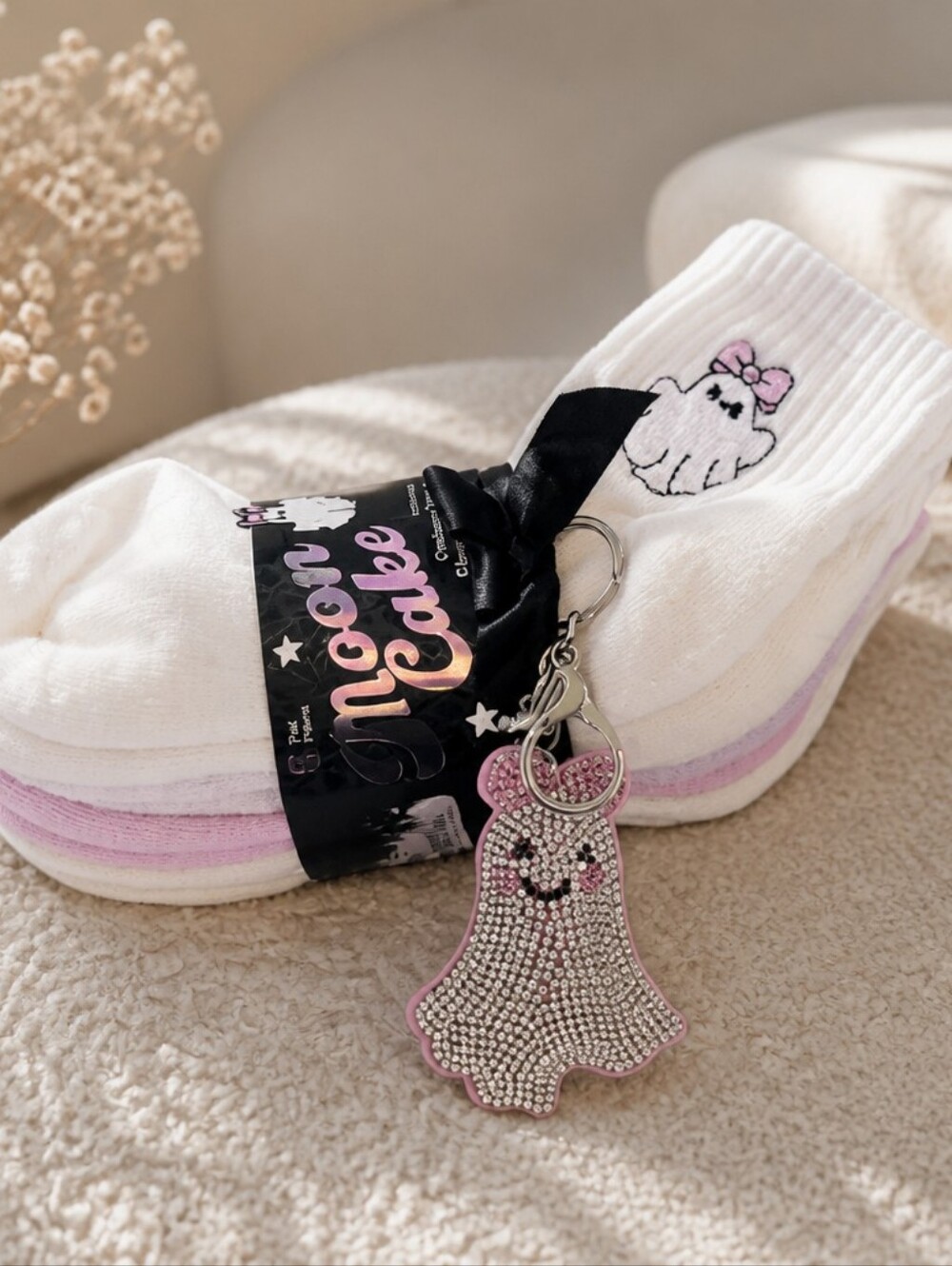 Women's White Ghost Socks (5pairs) with Pink Rhinestone Ghost Keychain